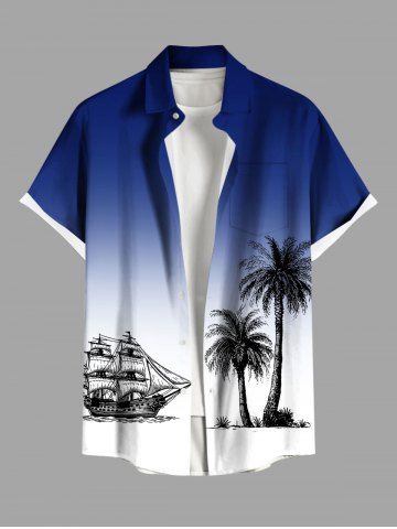 Chemise hawaïenne grande taille pour homme, imprimé ombré cocotier et voilier, boutons et poche. - NAVY BLUE - 6XL