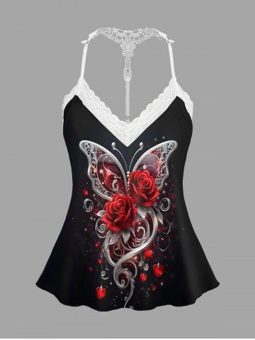 Plus Size Valentine's Day Rose Flowers Butterfly Heart Print Lace Trim Strappy Slip Pajama Top - BLACK - XL