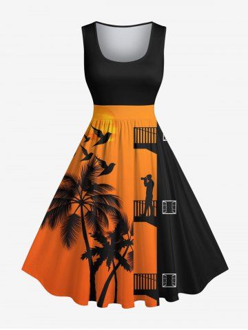 Plus Size Coconut Tree Building Bird Print Hawaii Vintage Swing A Line Dress - ORANGE - S