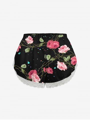 Plus Size Rose Flower Vine Print Lace Trim Valentines Pajama Shorts - BLACK - 4XL