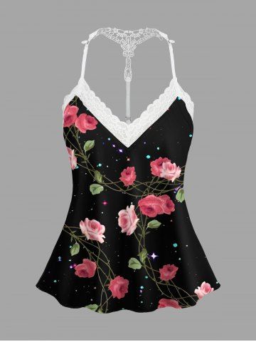 Plus Size Rose Flower Vine Print Lace Trim Crochet Valentines Pajama Top - BLACK - L