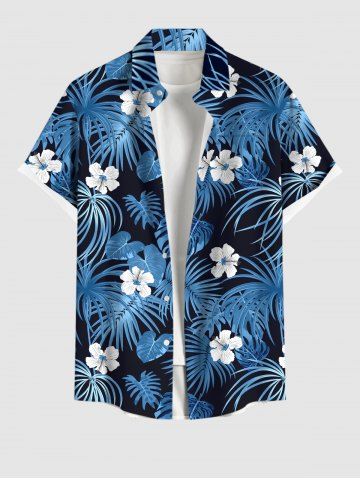 Plus Size Coconut Leaf Flower Print Hawaii Button Pocket Shirt For Men - BLUE - S