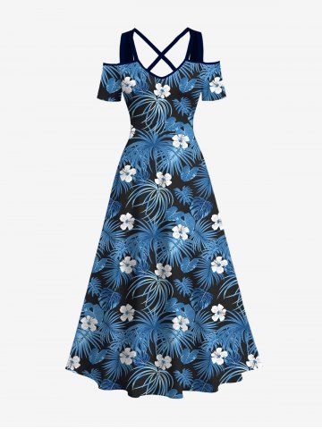 Robe trapèze à épaules dénudées, imprimé de feuilles de cocotier et de fleurs, style hawaïen, grande taille, croisée sur le devant - BLUE - 6X