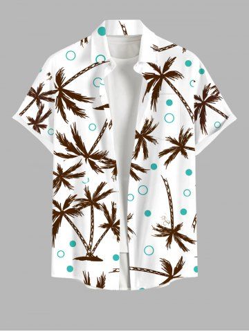 Plus Size Coconut Tree Circle Print Hawaii Button Pocket Shirt For Men - WHITE - S