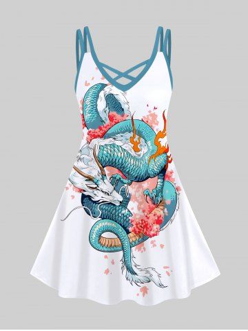 Plus Size Dragon Flower Fire Flame Print Crisscross A Line Cami Dress - WHITE - 3X