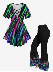 Galaxy Stripes Graffiti Print Plus Size Matching Set -  