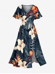 Robe midi hawaïenne fendue à imprimé feuilles tropicales et fleurs d'hibiscus (grande taille) - Noir 5X