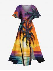 Robe midi fendue hawaïenne à imprimé cocotier et coucher de soleil sur mer avec nuages, grande taille - Multi-A S