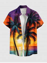 Plus Size Coconut Tree Sunset Seascape Cloud Print Buttons Pocket Hawaii Shirt For Men - Multi-A S