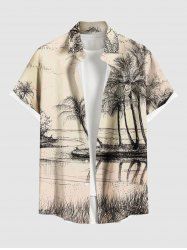 Chemise hawaïenne grande taille pour homme, imprimée de cocotiers et de paysages marins, avec boutons et poche. - Abricot 5XL