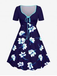 Robe hawaïenne grande taille à imprimé floral et ceinture cintrée - Bleu Marine 6X