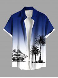 Chemise hawaïenne grande taille pour homme, imprimé ombré cocotier et voilier, boutons et poche. - Bleu Marine 5XL