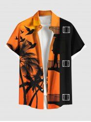 Plus Size Coconut Tree Building Bird Print Hawaii Button Pocket Shirt For Men - Orange M