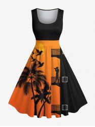 Plus Size Coconut Tree Building Bird Print Hawaii Vintage Swing A Line Dress -  