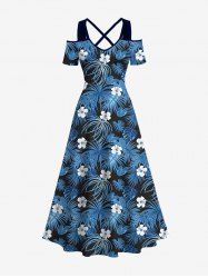Robe trapèze à épaules dénudées, imprimé de feuilles de cocotier et de fleurs, style hawaïen, grande taille, croisée sur le devant - Bleu XS