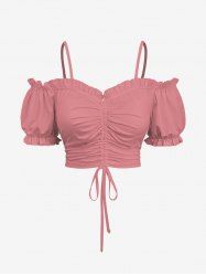 Haut uni à épaules dénudées et manches bouffantes grande taille - Rose clair XS