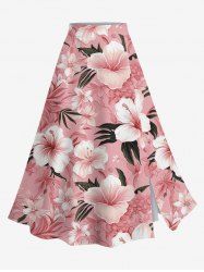 Plus Size Tropical Leaf Hibiscus Flower Print Hawaii Split A Line Skirt -  
