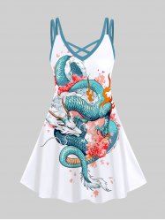 Robe à bretelles croisées en A imprimée de fleurs de dragon et de flammes, grande taille - Blanc 2X