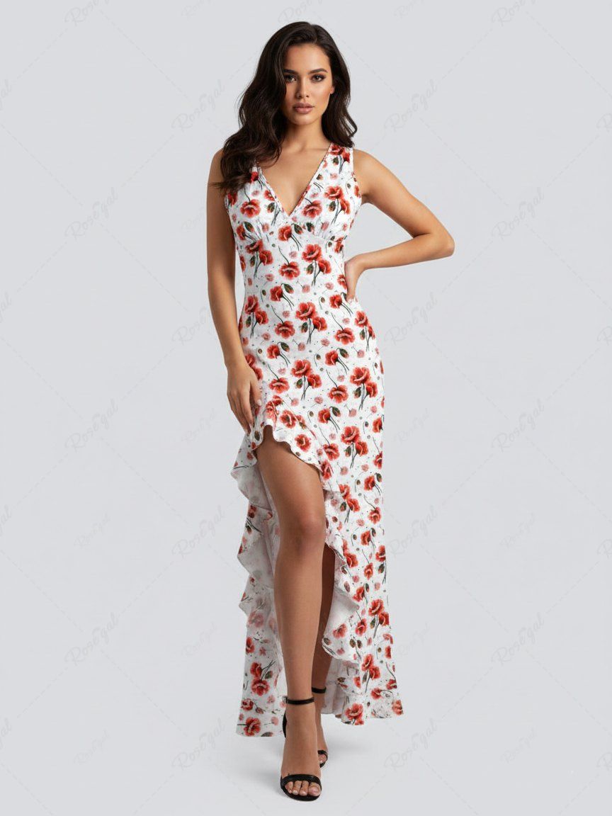 Shop Flower Print Hawaii Ruffles Split Surplice Dress  