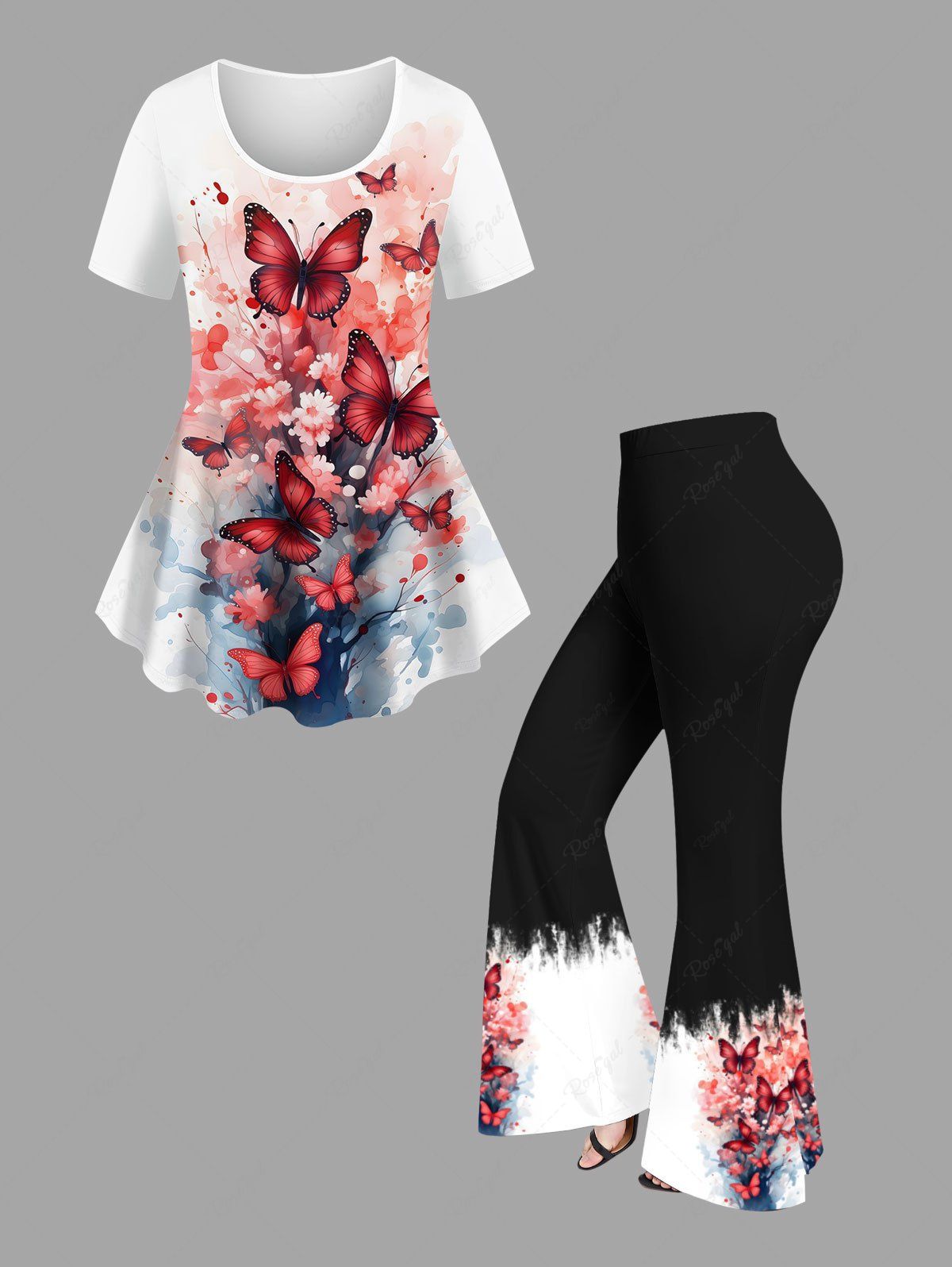 Unique Ombre Watercolor Flower Butterfly Print Women T-shirt and Flare Pants Plus Size Matching Set  