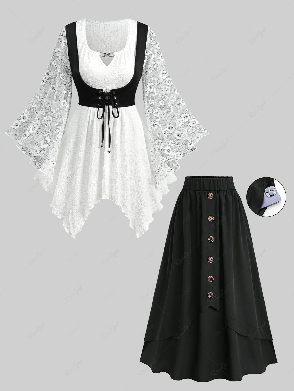 Affordable Flower Lace Flare Sleeve Corset 2 in 1 Top and Mock Buttons Layered Pocket A Line Skirt Plus Size Outfit  