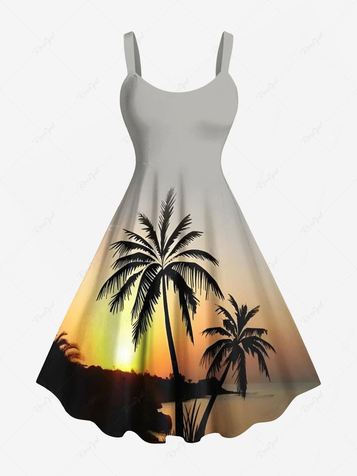Outfits Plus Size Coconut Tree Dusk Sunset Print Hawaii A Line Dress  