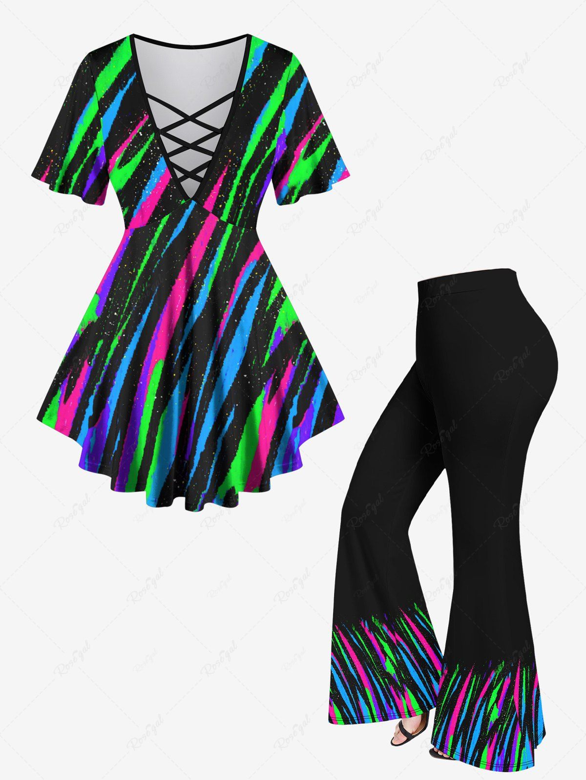 Shop Galaxy Stripes Graffiti Print Plus Size Matching Set  