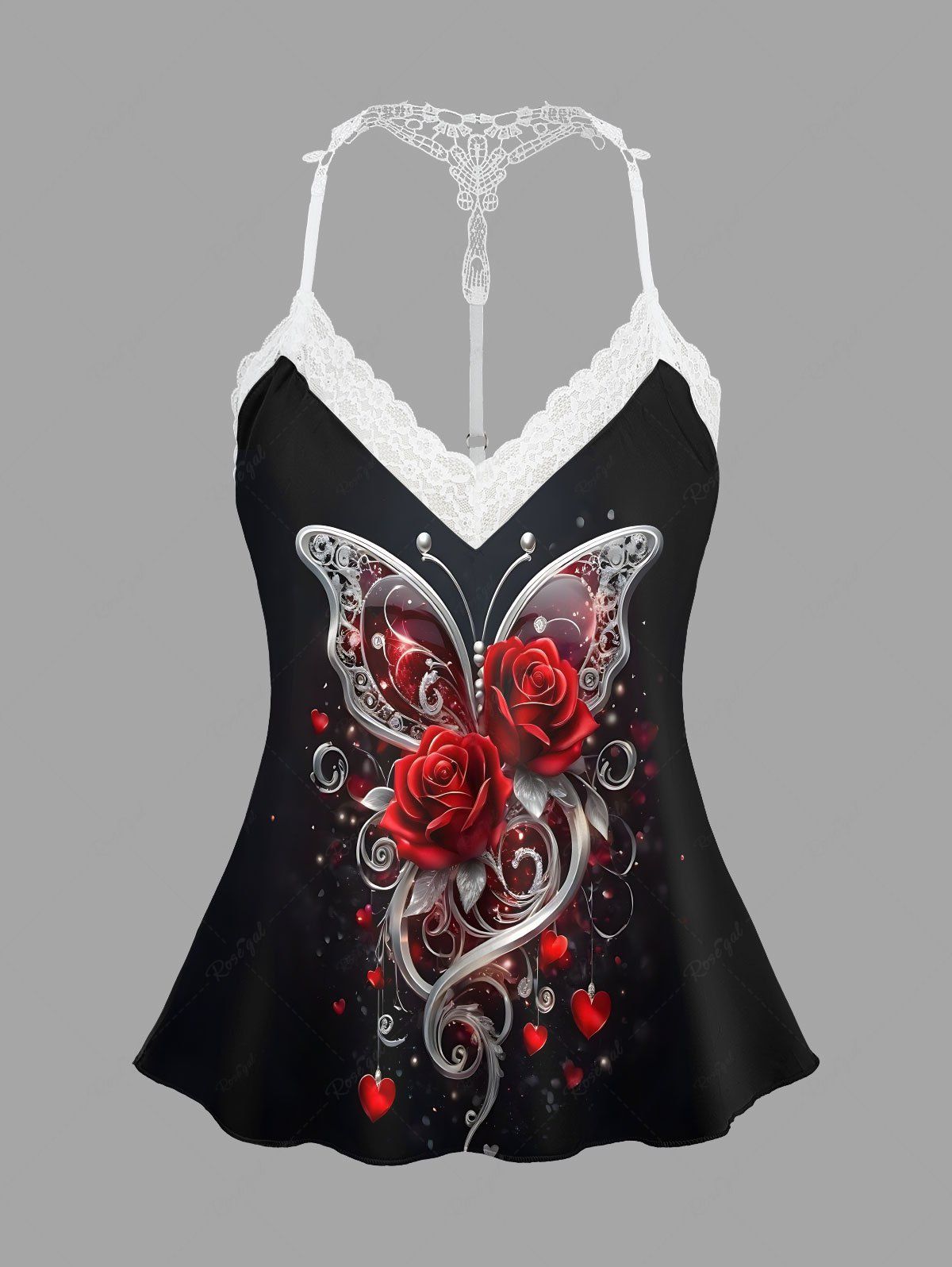 Discount Plus Size Valentine's Day Rose Flowers Butterfly Heart Print Lace Trim Strappy Slip Pajama Top  