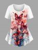 Ombre Watercolor Flower Butterfly Print Women T-shirt and Flare Pants Plus Size Matching Set -  