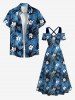 Robe trapèze à épaules dénudées, imprimé de feuilles de cocotier et de fleurs, style hawaïen, grande taille, croisée sur le devant - Bleu XS