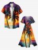 Robe midi fendue hawaïenne à imprimé cocotier et coucher de soleil sur mer avec nuages, grande taille - Multi-A S