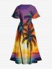 Robe midi fendue hawaïenne à imprimé cocotier et coucher de soleil sur mer avec nuages, grande taille - Multi-A S