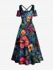 Plus Size Hibiscus Flower Tropical Leaf Print Cold Shoulder Crisscross Hawaii Maxi Dress -  