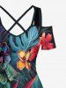 Plus Size Hibiscus Flower Tropical Leaf Print Cold Shoulder Crisscross Hawaii Maxi Dress -  