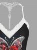 Haut de pyjama nuisette grande taille à imprimé roses, papillons et cœurs, bordure en dentelle et bretelles, idéal pour la Saint-Valentin. - Noir 5XL