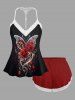 Haut de pyjama nuisette grande taille à imprimé roses, papillons et cœurs, bordure en dentelle et bretelles, idéal pour la Saint-Valentin. - Noir 5XL