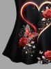 Haut de pyjama nuisette grande taille à imprimé roses, papillons et cœurs, bordure en dentelle et bretelles, idéal pour la Saint-Valentin. - Noir 5XL