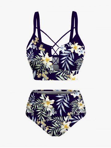 Tropical Leaves Branch Hibiscus Floral Printed Hawaii Lace Up Tankini Swimsuit (Adjustable Shoulder Strap) - DEEP BLUE - 3X