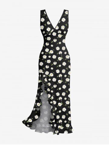 Daisy Flower Print Hawaii Ruffles Split Dress - BLACK - XXXL