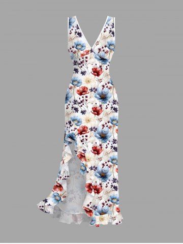 Robe hawaïenne à imprimé de branches fleuries et à volants fendue - WHITE - XL