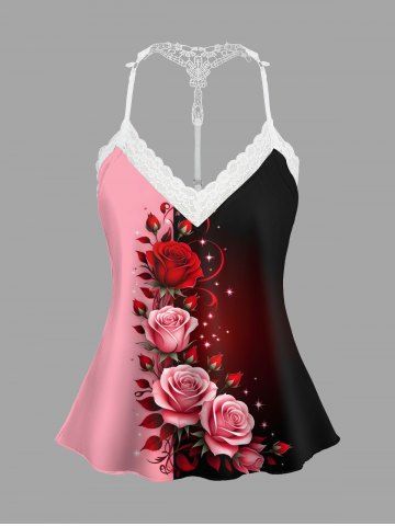 Plus Size Rose Flower Colorblock Print Lace Trim Crochet Valentines Pajama Top - LIGHT PINK - M