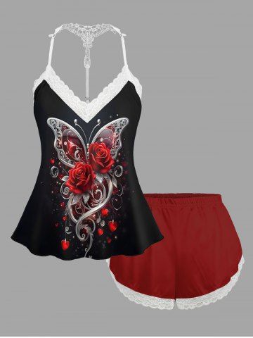 Ensemble pyjama assorti grande taille à imprimé roses, papillons et cœurs pour la Saint-Valentin - RED