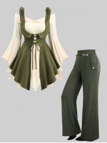 Ensemble grande taille composé d'un haut à épaules dénudées et manches évasées, d'un gilet à lacets et d'un pantalon large. - GREEN