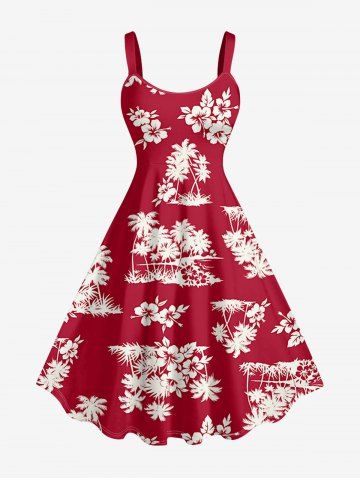 Plus Size Coconut Tree Hibiscus Flowers Print Hawaii Tank Dress - RED - 2X