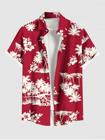 Plus Size Coconut Tree Hibiscus Flowers Print Buttons Pocket Hawaii Shirt For Men - RED - 5XL