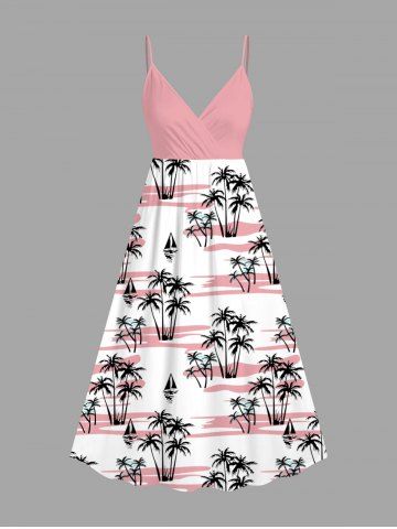 Plus Size Coconut Tree Sailboat Print Surplice Hawaii Cami Dress - LIGHT PINK - 6X