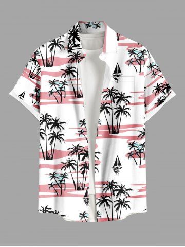 Chemise hawaïenne grande taille pour homme, à imprimé de voiliers et de cocotiers, avec poches et boutons. - WHITE - L