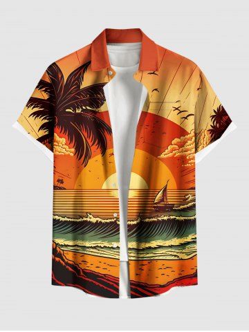 Plus Size Coconut Tree Sea Waves Sunset Print Buttons Pocket Hawaii Shirt For Men - ORANGE - 3XL