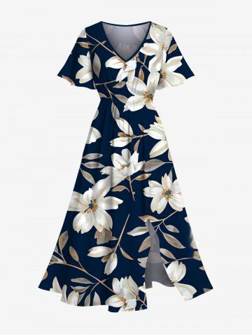 Plus Size Flowers Leaf Print Split Hawaii Midi Dress - MIDNIGHT BLUE - XXS