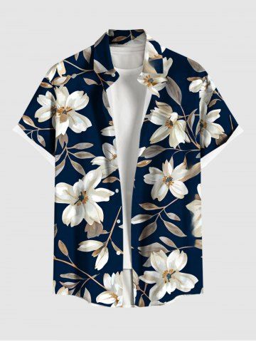 Chemise hawaïenne grande taille à imprimé floral et feuilles, boutons et poche pour homme - NAVY BLUE - 6XL